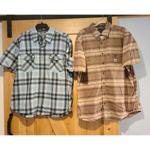 Lot of 2 Carhartt Plaid Men 2XL Khaki Button Snap Down Rugged Flex Short Sleeve